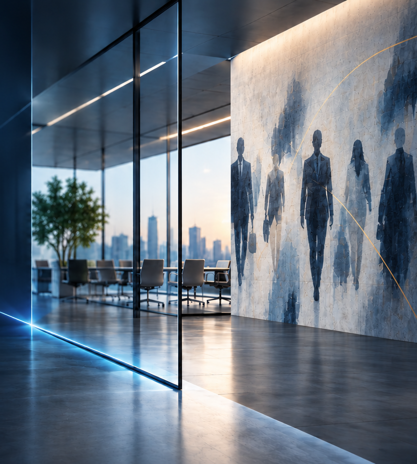 Top-floor boardroom with a city skyline and a mural of figures walking