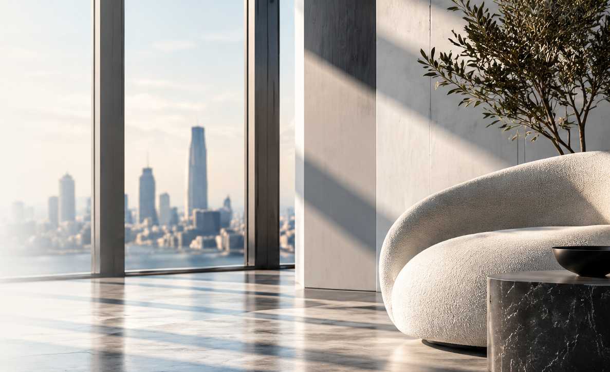 Sunlit top-floor room with a city skyline beyond