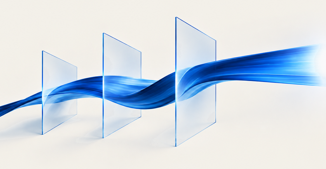 A blue ribbon of light passing cleanly through three glass panes