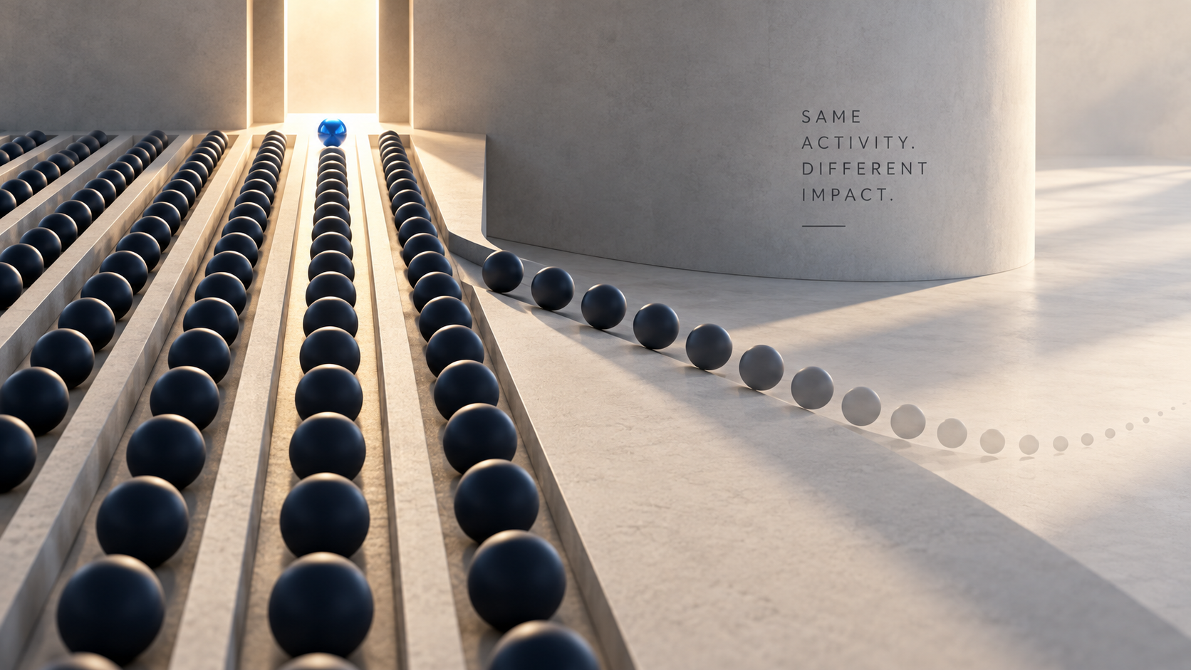 Rows of identical spheres with one blue outlier