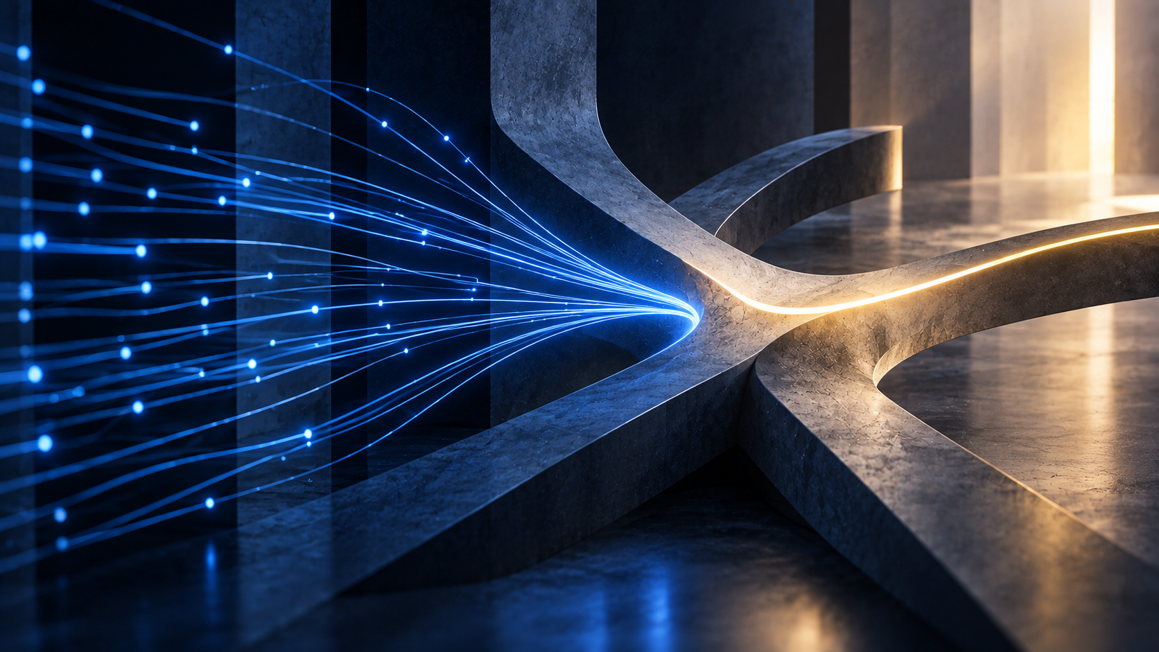 Many data strands converging into a single judgment point