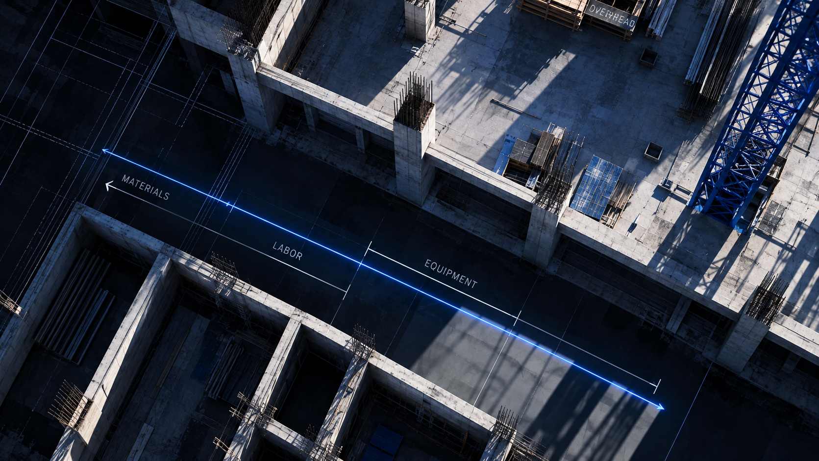 Aerial construction site with cost breakdown annotations