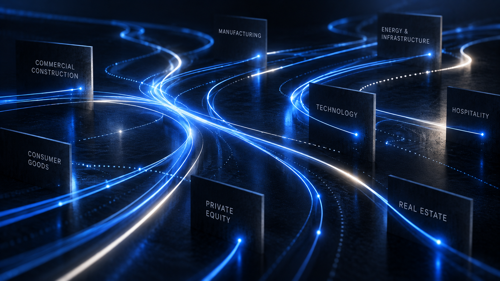 Light streams flowing between labelled industry sectors