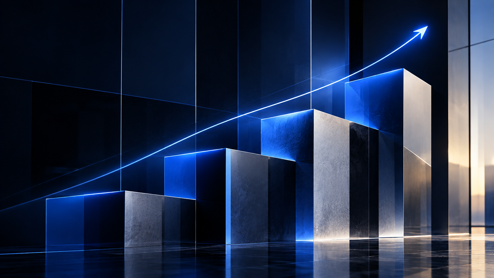 Rising bar chart with blue trend arrow