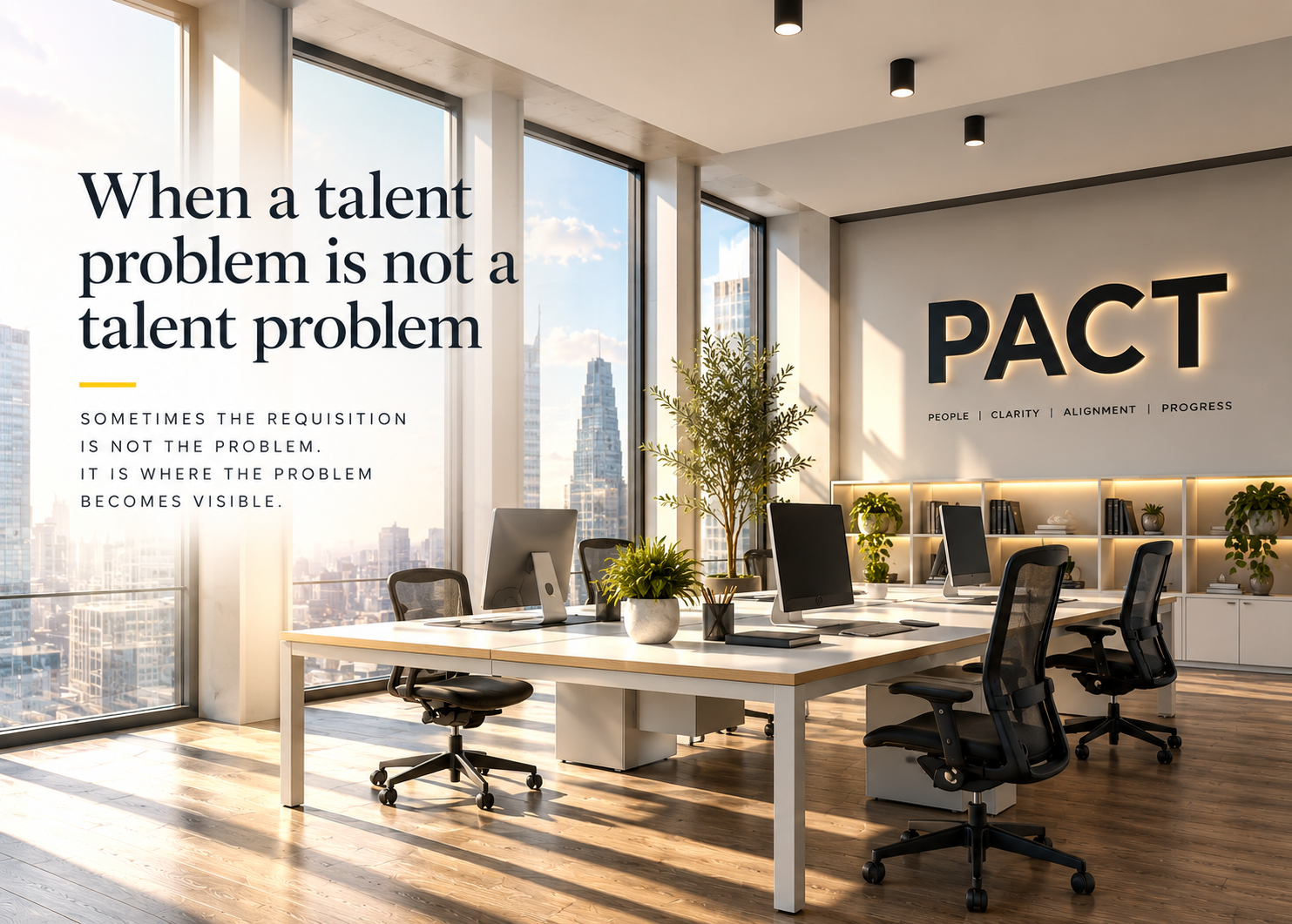PACT office with the article title set over the window wall
